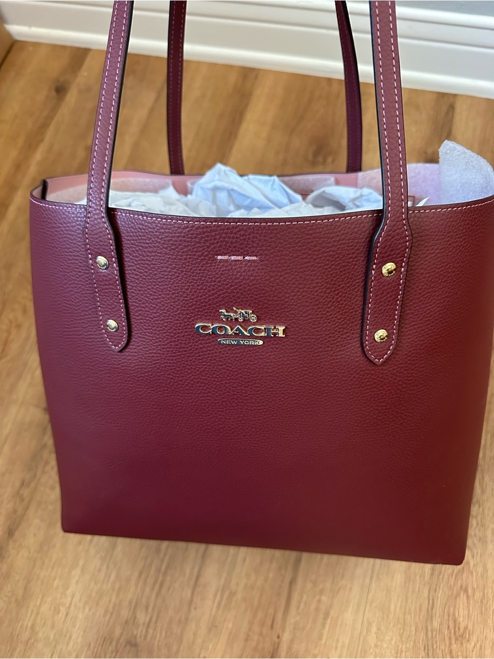 Coach Leather Tote Bag in Burgundy with Gold Hardware